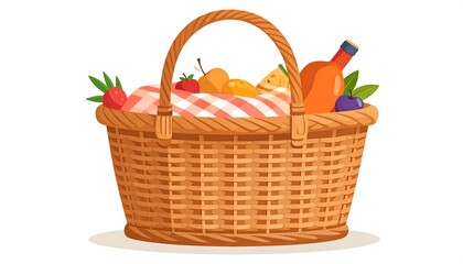 Wicker Picnic Basket Filled with Delicious Food and Drinks.