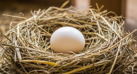 Single white egg nestled gently in a cozy straw nest awaiting potential birth or symbol of spring and new beginnings