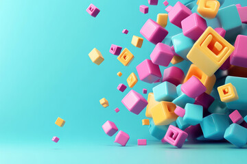 Colorful 3D geometric shapes in vibrant pink, blue, and yellow create dynamic scene. playful arrangement evokes sense of fun and creativity, perfect for design projects
