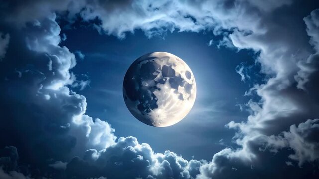 Full moon rising above swirling dark clouds in the night sky