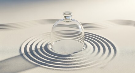 Tranquil zen garden scene with smooth sand patterns and a glass dome creating a sense of peace and serenity