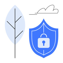 Blue shield with lock, minimal tree branch and cloud elements. Ideal for security, sustainability, eco-friendliness, data protection, digital privacy, environmental safety eco-tech messaging. Simple