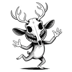 A cartoonish mystical creature wearing a deer skull mask dances, drawn pencil sketch
