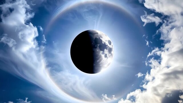The moon in the sky surrounded by clouds and a solar halo effect