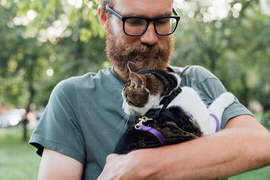Man Hugging Leashed Cat Outdoors in Park