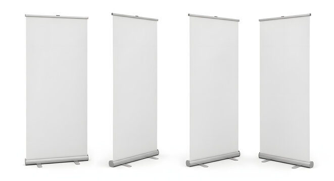 Four blank white roll-up banner  mockup stands from different angles isolated