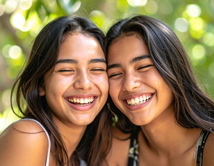 Two teenagers laughing with eyes closed closeup shot