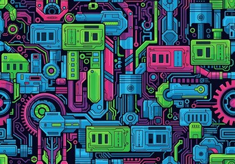 Vibrant mechanical blueprint background with pistons, gears, and futuristic device elements showcasing intricate