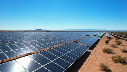 Vast array of solar panels absorbing sunlight in desert landscape under a cloudless blue sky