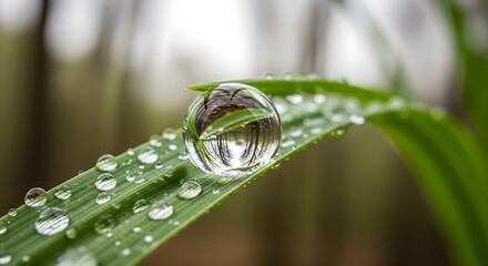 Water droplet resting on a vibrant green leaf showcasing a miniature mirrored world within its sphere delicate nature