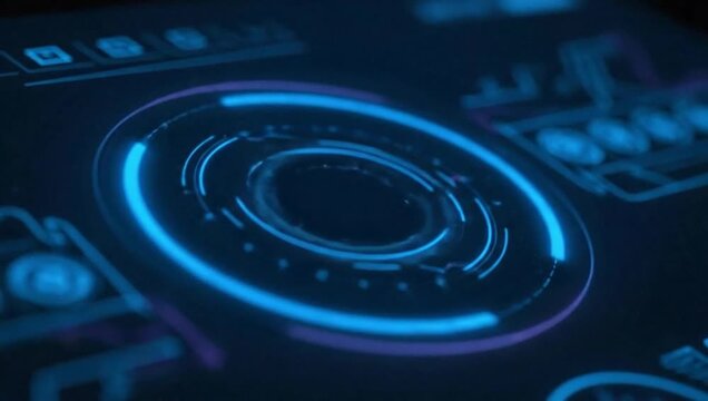 A futuristic, digital display showcasing blue and purple neon-like circular interface elements