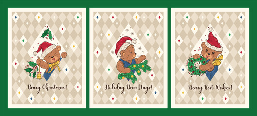 Christmas Set of Greeting Cards with Cute Teddy Bears in Santa Hat Vector Illustration