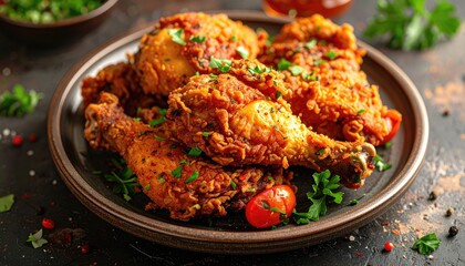 Delicious Fried Chicken on Dark Plate Garnished with Parsley High Angle View
