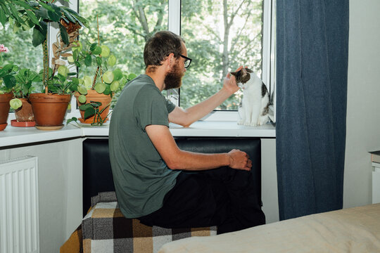 Man petting cat on window ledge