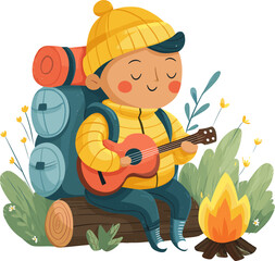 Young camper enjoys playing guitar by the campfire in a peaceful outdoor isolated on transparent background. Vector illustration.