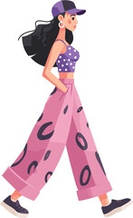 Young woman in casual outfit walking on street wearing a cap and colorful pants isolated on transparent background. Vector illustration.
