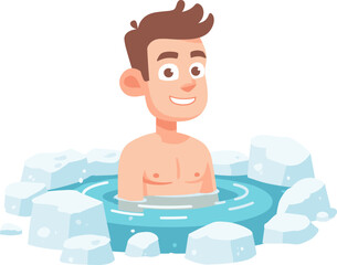 Young man enjoying a warm soak in icy water surrounded by ice blocks isolated on transparent background. Vector illustration.