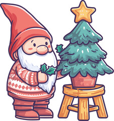 Charming gnome decorates Christmas tree with holly leaves isolated on transparent background. Vector illustration.