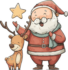 Santa Claus and reindeer with a star during Christmas celebration isolated on transparent background. Vector illustration.