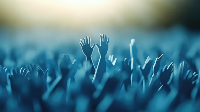 Raising hands in crowd symbolize unity and celebration, creating vibrant . blue tones enhance emotional impact of scene
