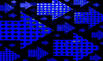 黒の背景に青の色の大きさの違う複数の矢印をランダムに配置してデザインした壁紙、テクスチャ