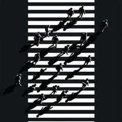 Aerial top down view of anonymous people walking on a zebra crossing.