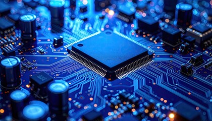 Detailed Close Up of Electronic Circuit Board Components with Blue Lighting