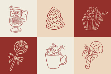 Hand draw Christmas drink and sweetas vector illustration. Vintage candy cane, gingerbread, lollipop, latte, mulled wine, cupcake clipart. Happy New Year card
