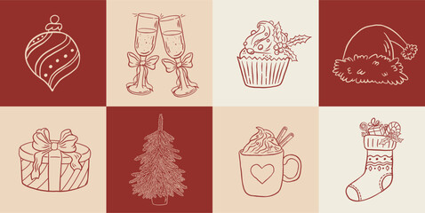 Hand draw retro Christmas decoration vector illustration. Vintage Santa hat, Xmas tree, bauble, gift box, stocking, cupcake, coffee cup icon set. Happy New Year elements