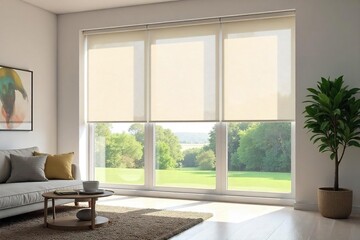 Serene Beige Roller Blinds Soft Natural Light Filters Through Large Window in Bright Minimalist Room, Creating a Peaceful Atmosphere