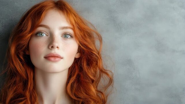 Caucasian woman with red hair and fair skin, standing against textured gray background
