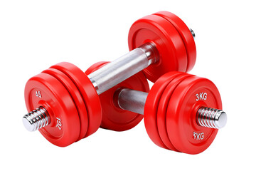 Pair of bright red adjustable dumbbells with chrome handles isolated on transparent background