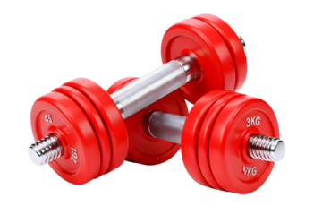 Pair of bright red adjustable dumbbells with chrome handles isolated on transparent background