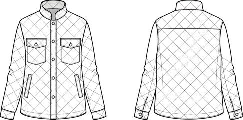 Quilted jacket flat sketch, front and back view, vector fashion illustration, outerwear design, button up coat