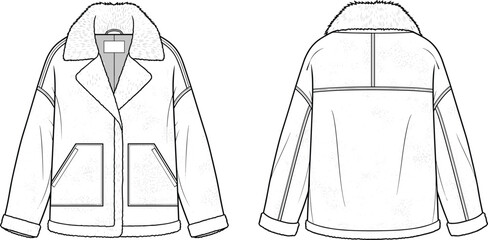 Shearling jacket flat sketch, vector illustration, winter outerwear design, fur collar coat, fashion apparel template
