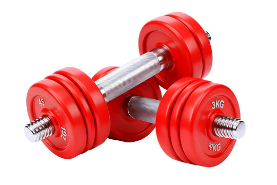 Pair of bright red adjustable dumbbells with chrome handles isolated on transparent background