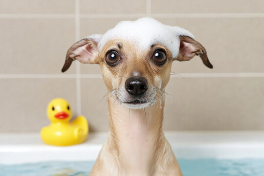 Close-up of a small dog with a soapy head during bath time, wide eyes and curious expression, with a yellow rubber duck visible in the background. - Powered by Adobe