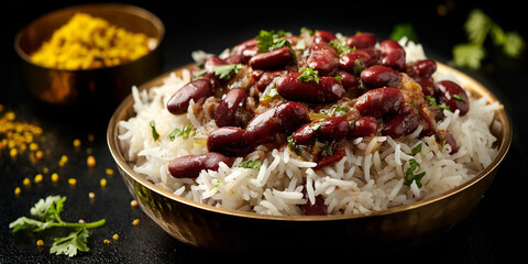 Rajma chawal in dish on black background