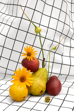 Vibrant Fruits and Flowers on a Checkered Tablecloth.