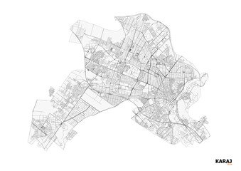 Fototapeta premium Minimalist monochrome map of Karaj showing highways, roads, and urban density — ideal for urban planning, geographic visualization, or architectural design projects.