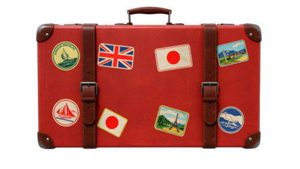 Vintage red suitcase covered in travel stickers from around the world isolated on transparent background