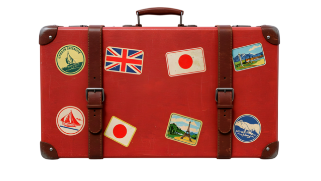Vintage red suitcase covered in travel stickers from around the world isolated on transparent background