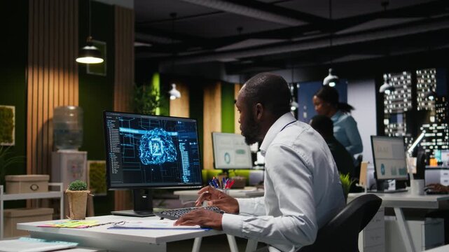 African american man pleased with AI integration success for efficiency recognition, using a synergy of data sharing and optimization models in a co working space. Progress prosperity. Camera A.