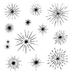 Black and White Sunburst Starburst Collection Hand Drawn Sketch Style Vintage Retro Elements