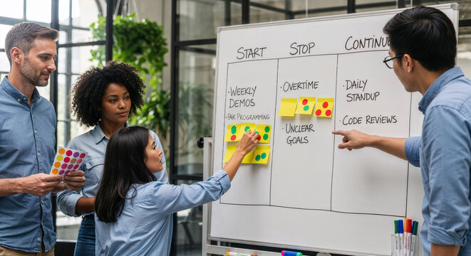 Diverse agile team using dot-voting on a Start, Stop, Continue whiteboard during a sprint retrospective
