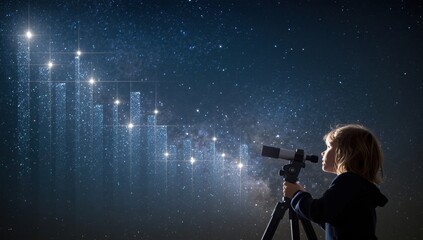 A young child with a telescope looks up at a magnificent starry sky filled with a city of glowing lights and celestial wonders representing exploration and dreams