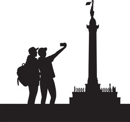 Two people taking a selfie with a tall monument in the background silhouette smartphone
