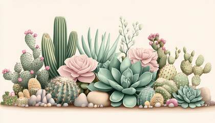 Fototapeta premium vibrant succulent garden featuring various cacti and succulents, mix of colors and textures. This arrangement creates lively and refreshing