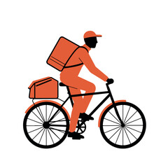 Naklejka premium Delivery courier in orange uniform riding a bicycle.