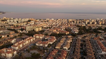 Sunset over the beach and town of Torre del Mar, Malaga, Spain – aerial drone view